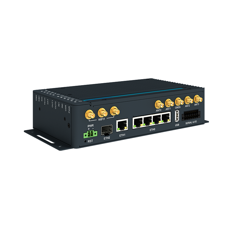 Cellular Router, 5G, EMEA, 5× Gig ETH, 1× RS232, 1× RS485, 1× SFP, CAN BUS, DI/DO, USB, SD Card, WiFi, No ACC, -40 to +60 °C